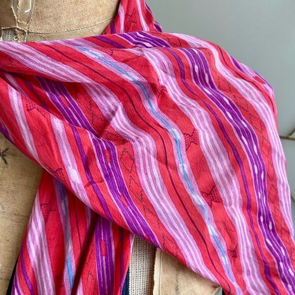 Vintage Anne Klein Silk Parallegram Neck Scarf w/ Striped Southwestern Style Pat - Picture 3 of 9